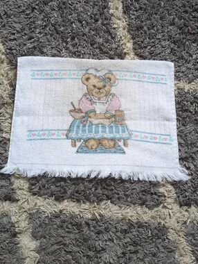 Cute Vintage Grannycore Teddy Bear Kitchen Towel Pink and Teal With Hearts